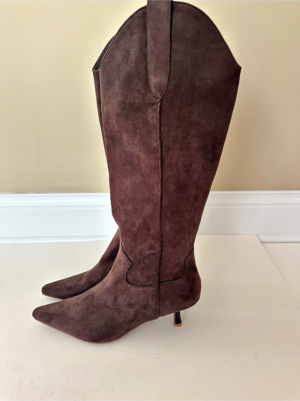 NEW Steven New York Britt Dark Brown Pointed Toe Knee High Western Boots Sz 7M